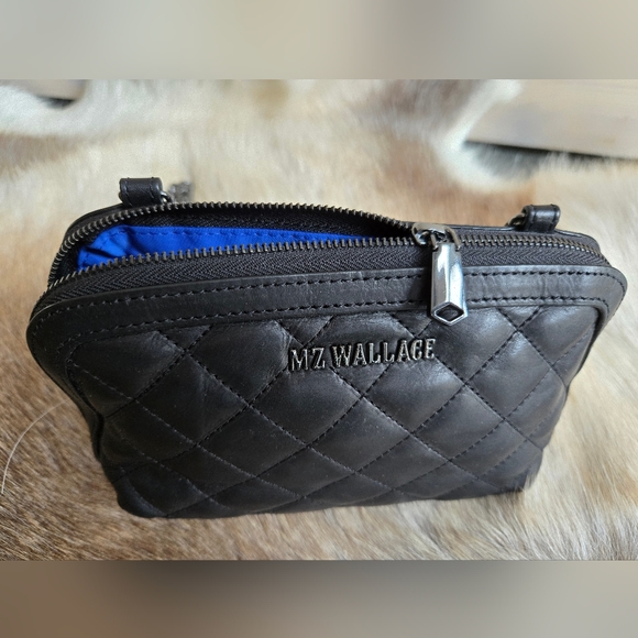 Rare!! MZ Wallace Black Leather Emily Crossbody with Blue Interior - Picture 3 of 12